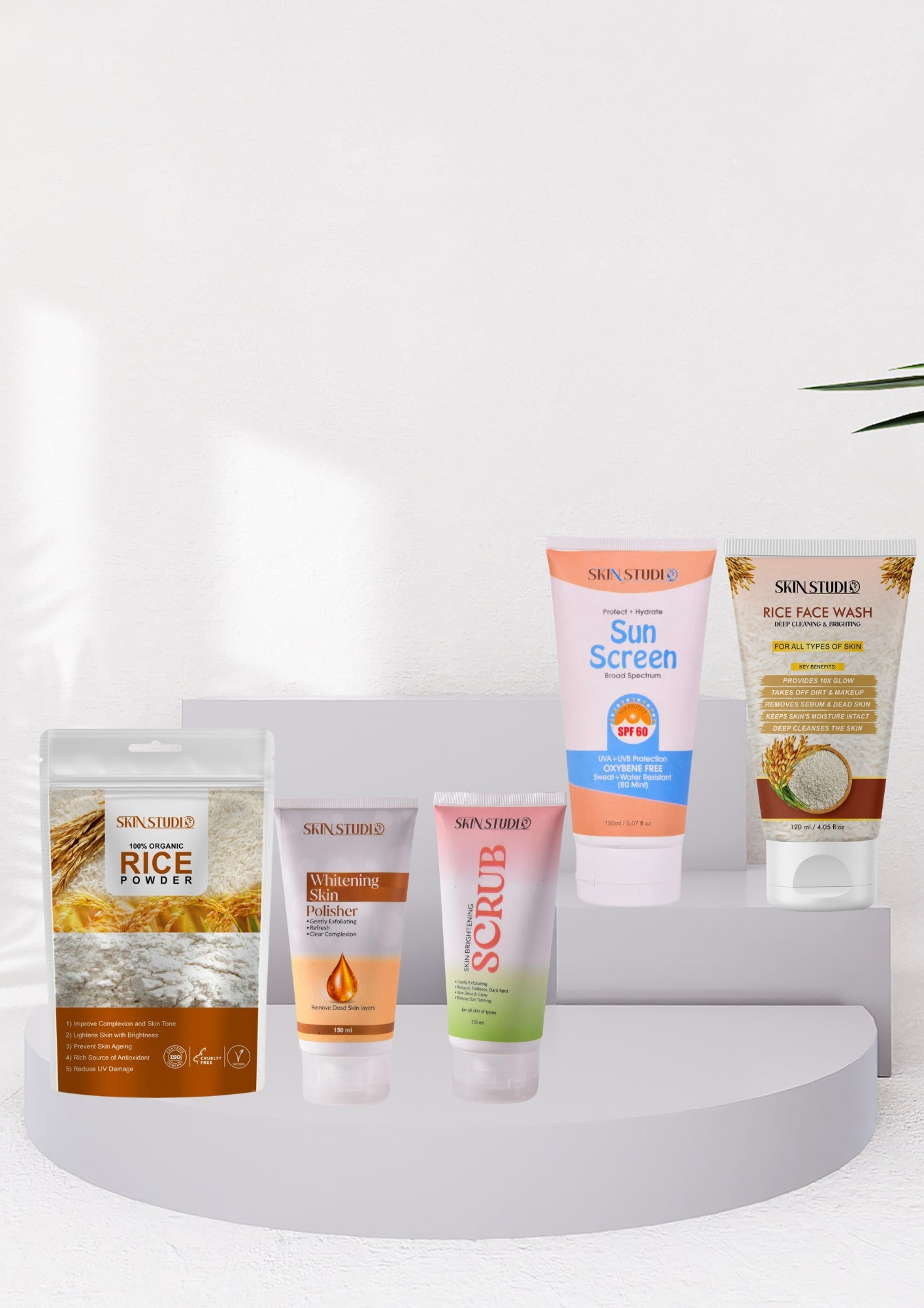 Rice Extract Face Wash, Skin Studio Rice Extract Powder, Skin Brightening Scrub, Sun Block & Skin Whitening Polisher Bundle Deal